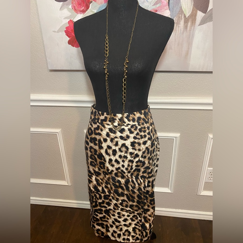 Talbots Black and Brown Animal Print Midi Pencil Skirt | Size 8